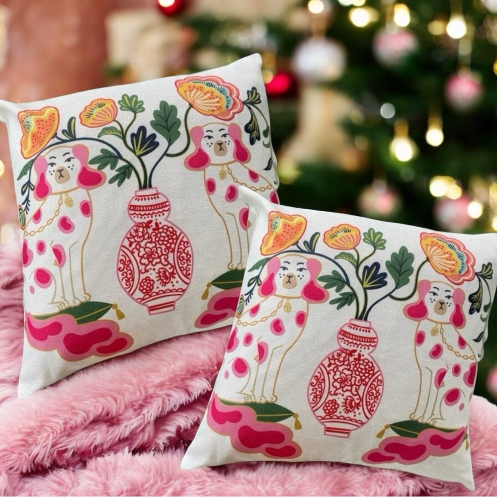 Monkey Pillow Cover Pink or Green Vintage Style Chinoiserie